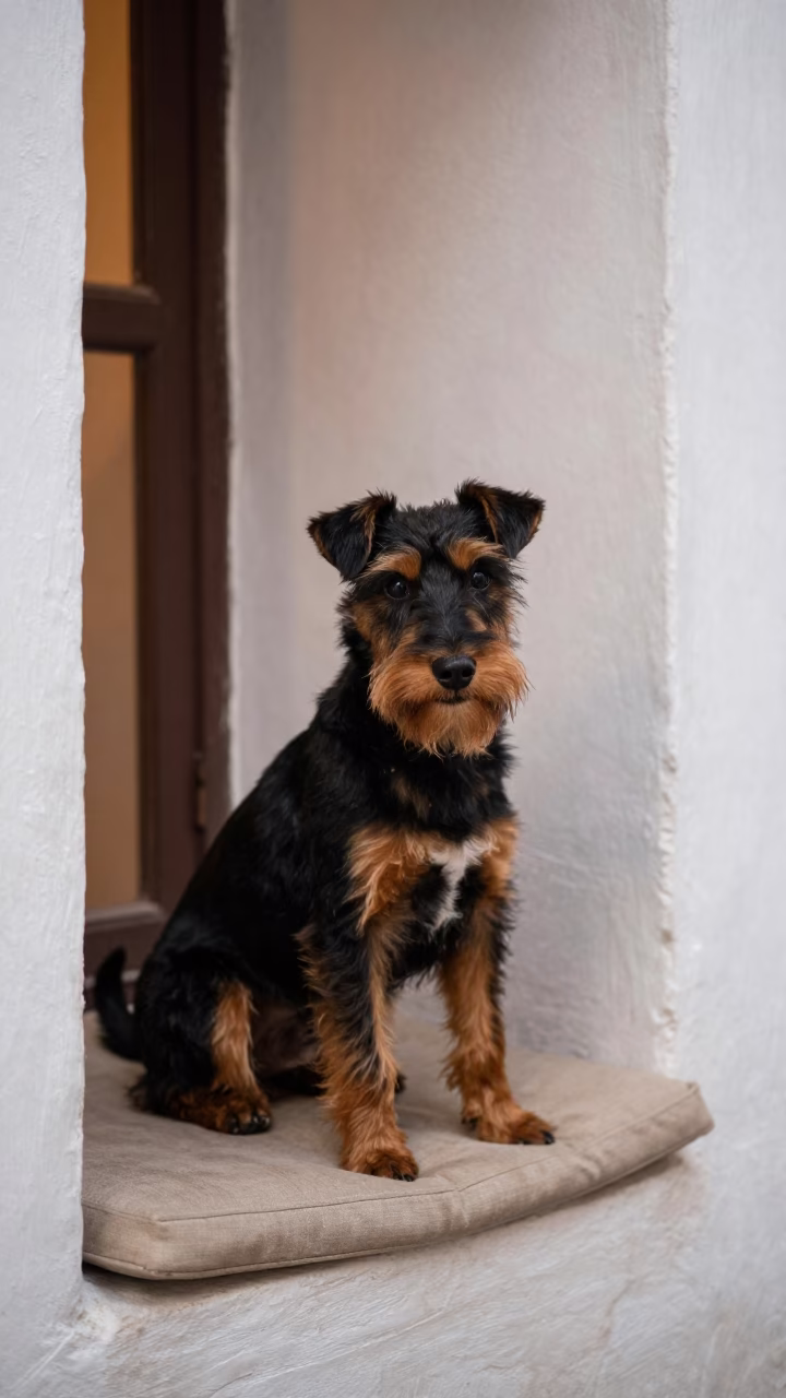 Manchester Terrier Portrait on Marrakesh Window Seat in on a cushioned window seat with soft side light and an uncluttered background in Marrakesh