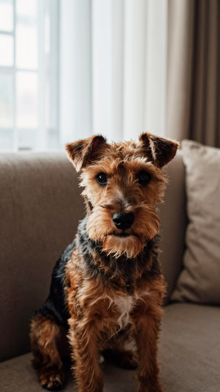 Manchester Terrier Portrait on Mombasa Sofa in on a sofa near a curtained window with calm indoor light in Mombasa