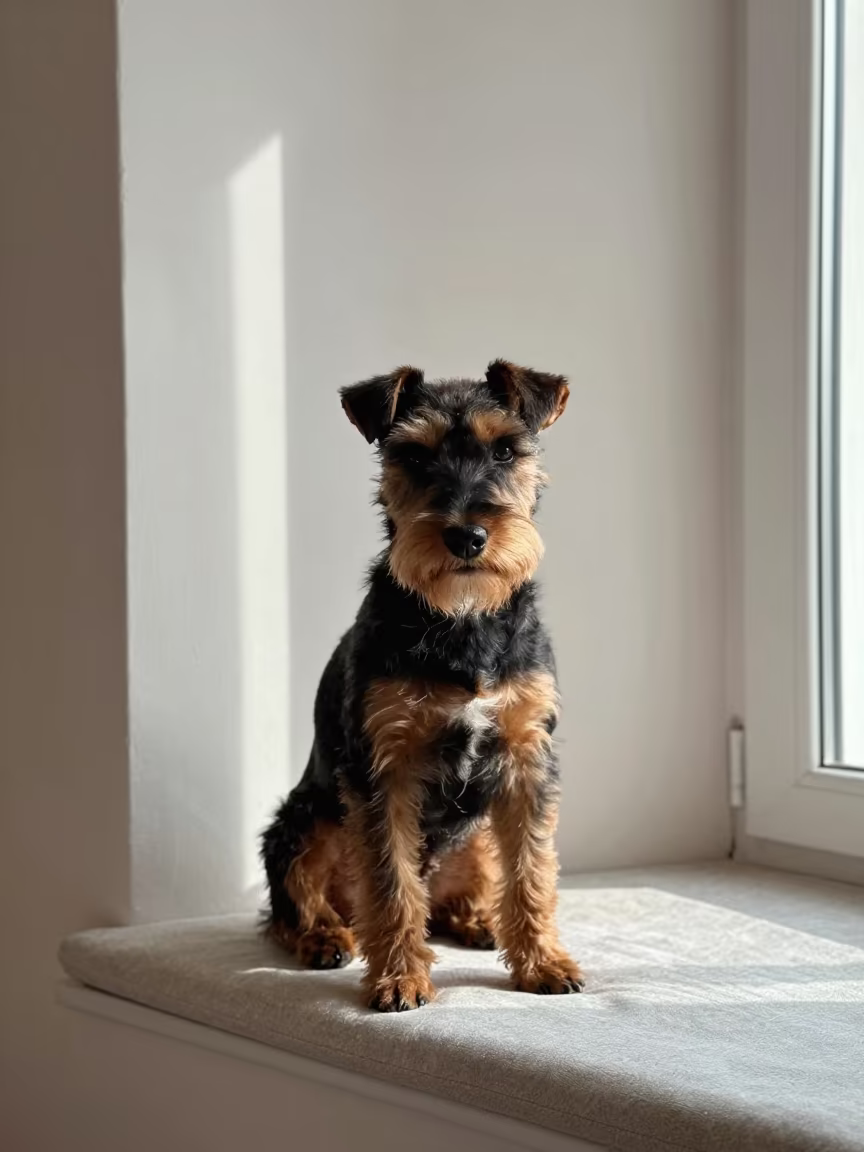Manchester Terrier Portrait on Moscow Window Seat in on a cushioned window seat with soft side light and an uncluttered background near Kitai-gorod, Moscow