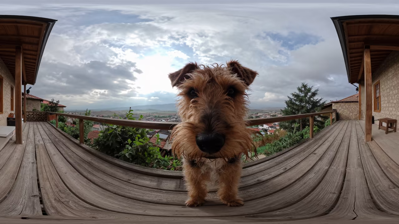Manchester Terrier Portrait on Niğde Porch in on a shaded front porch with boards, railings, and eye-level framing in Niğde
