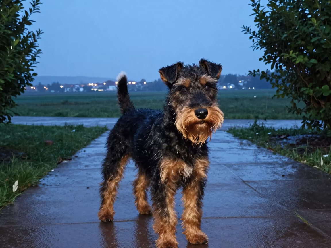Manchester Terrier Portrait on Rainy Park Path in along a quiet park path with soft open shade and a clean background in Margilan