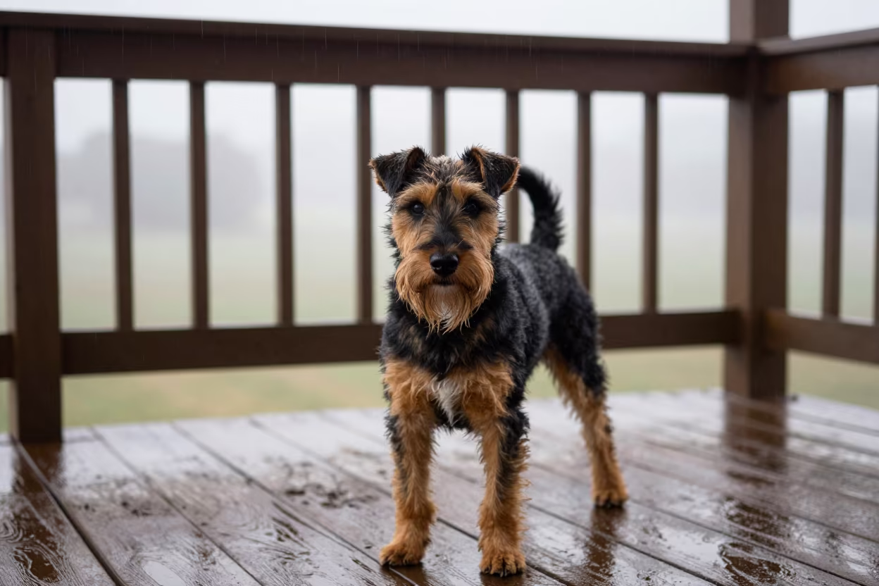 Manchester Terrier Portrait on Sanaa Porch in Dawn Mist in on a shaded front porch with boards, railings, and eye-level framing in Sanaa