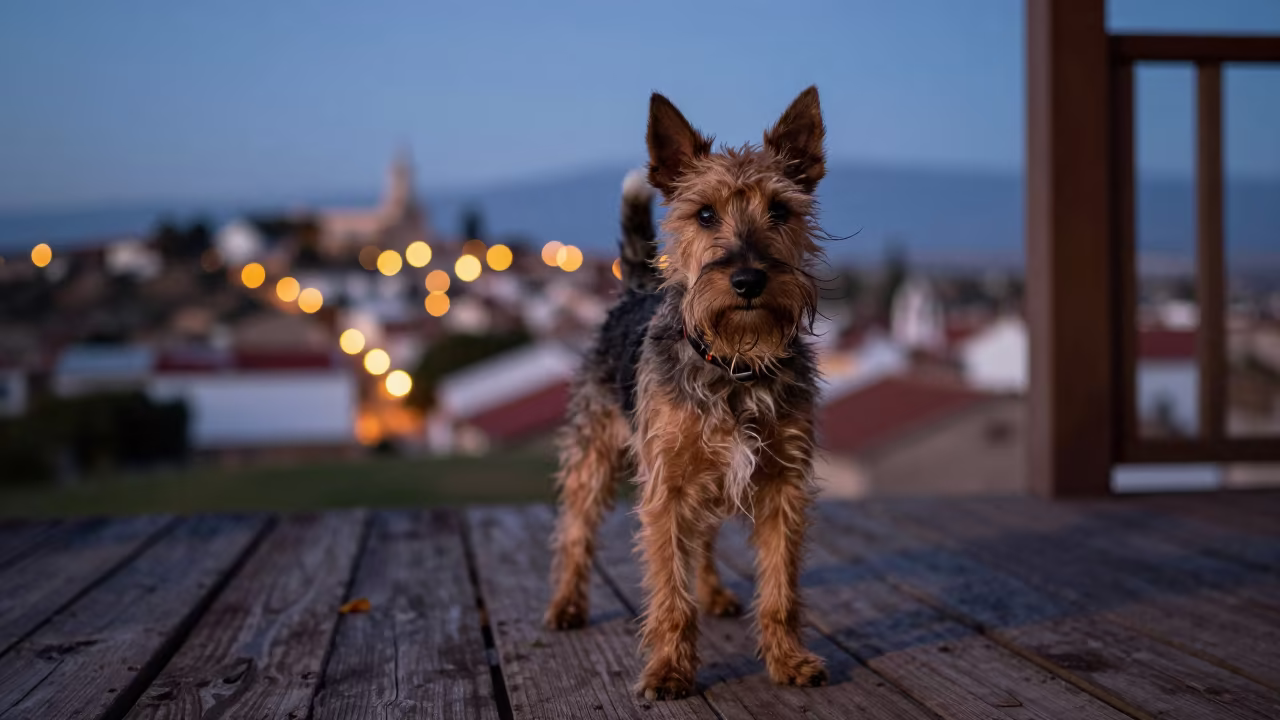 Manchester Terrier Portrait on Shaded Porch at Twilight in on a shaded front porch with boards, railings, and eye-level framing in San Pedro de la Paz