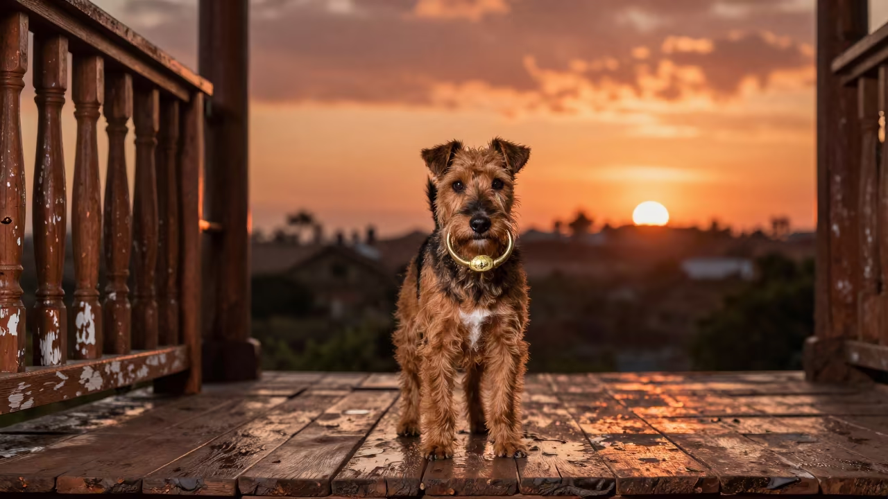 Manchester Terrier Portrait on Shaded Porch in on a shaded front porch with boards, railings, and eye-level framing in San Cristobal de las Casas