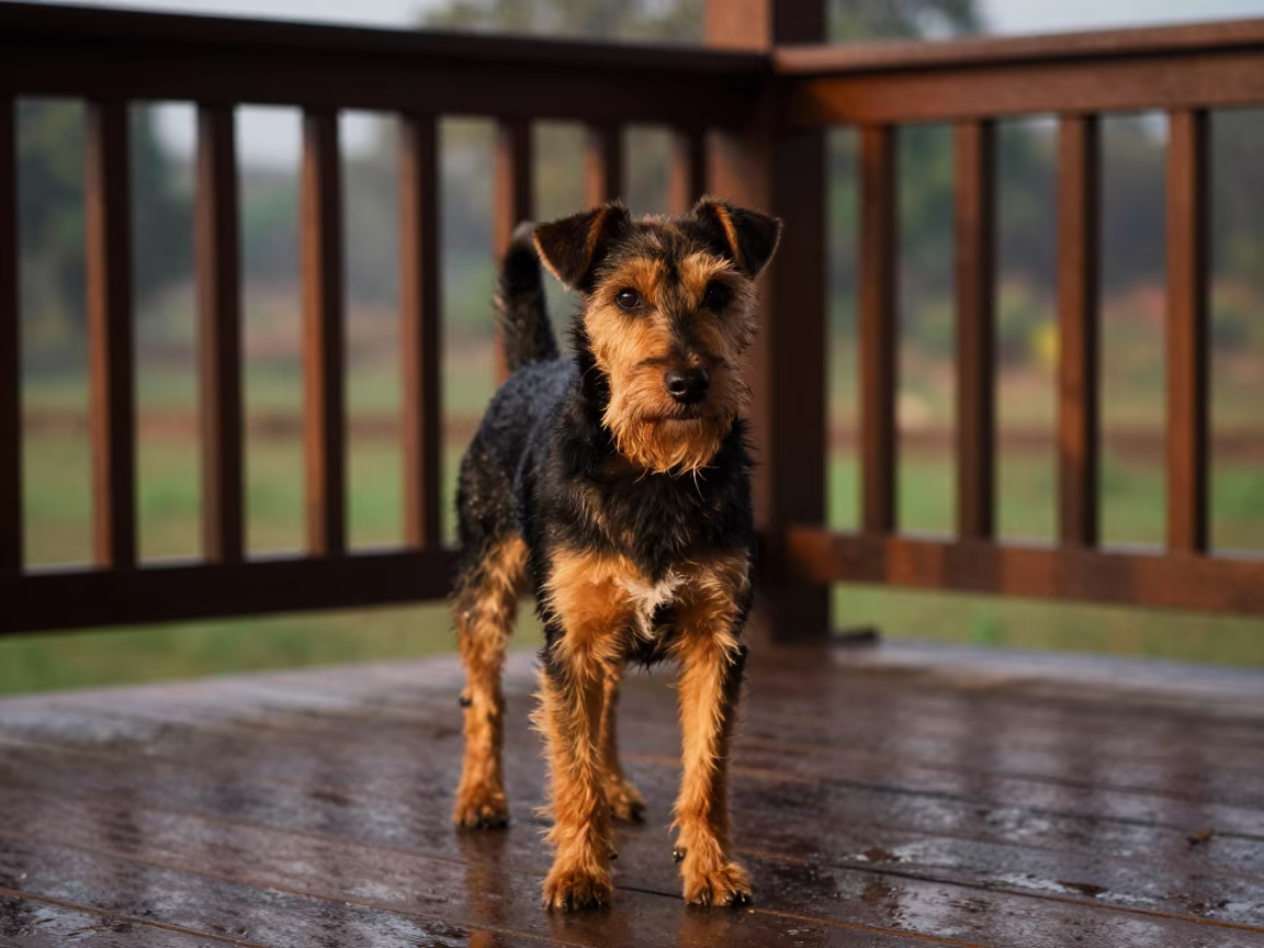 Manchester Terrier Portrait on Shaded Pune Porch in on a shaded front porch with boards, railings, and eye-level framing in Pune