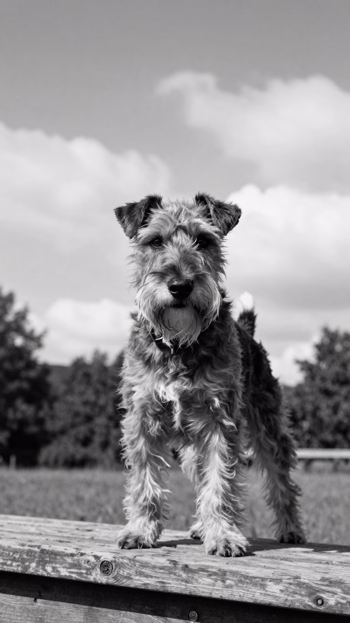 Manchester Terrier Portrait on Shaded Rzeszów Porch in on a shaded front porch with boards, railings, and eye-level framing in Rzeszów