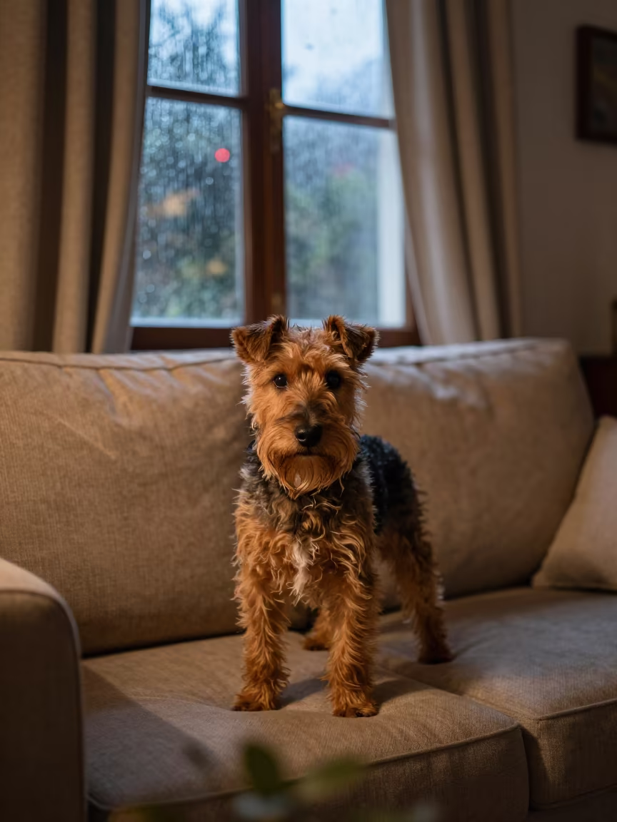 Manchester Terrier Portrait on Sofa in Arequipa in on a sofa near a curtained window with calm indoor light in Arequipa