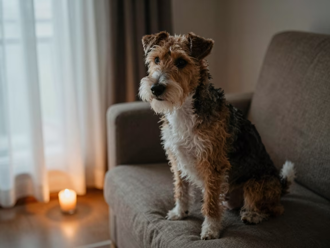 Manchester Terrier Portrait on Sofa in Candlelight in on a sofa near a curtained window with calm indoor light in Valparaiso