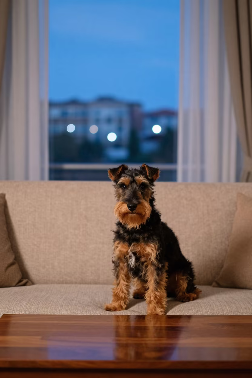 Manchester Terrier Portrait on Sofa in Daşoguz in on a sofa near a curtained window with calm indoor light in Daşoguz