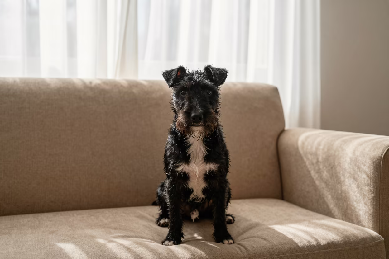 Manchester Terrier Portrait on Sofa in Hyderabad Home in on a sofa near a curtained window with calm indoor light in Hyderabad