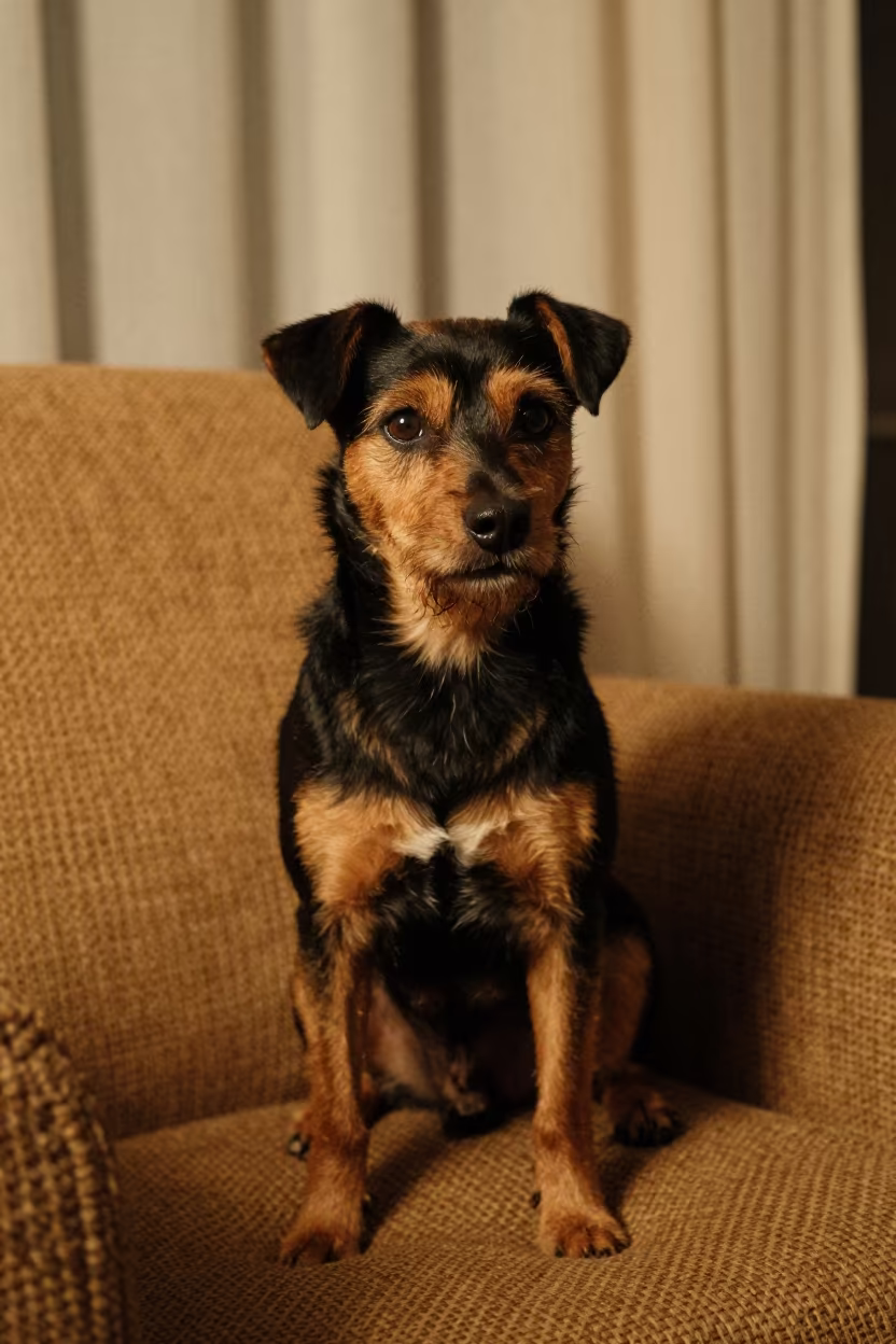 Manchester Terrier Portrait on Sofa in Korhogo in on a sofa near a curtained window with calm indoor light in Korhogo