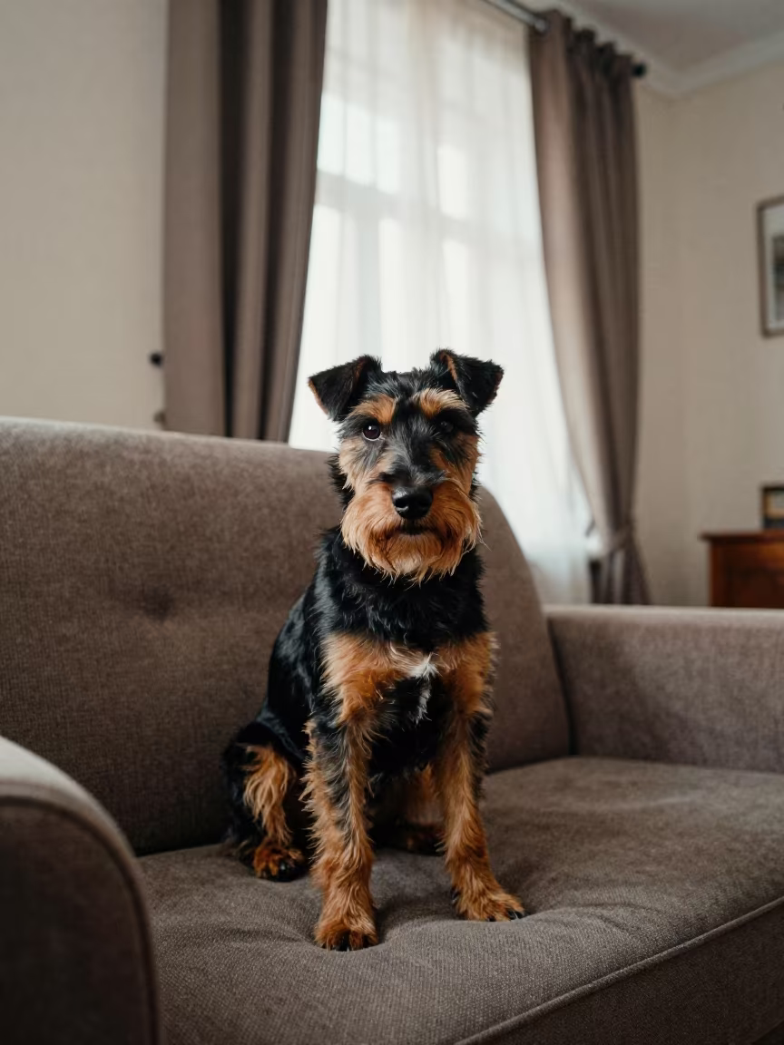 Manchester Terrier Portrait on Sofa in Oskemen in on a sofa near a curtained window with calm indoor light in Oskemen