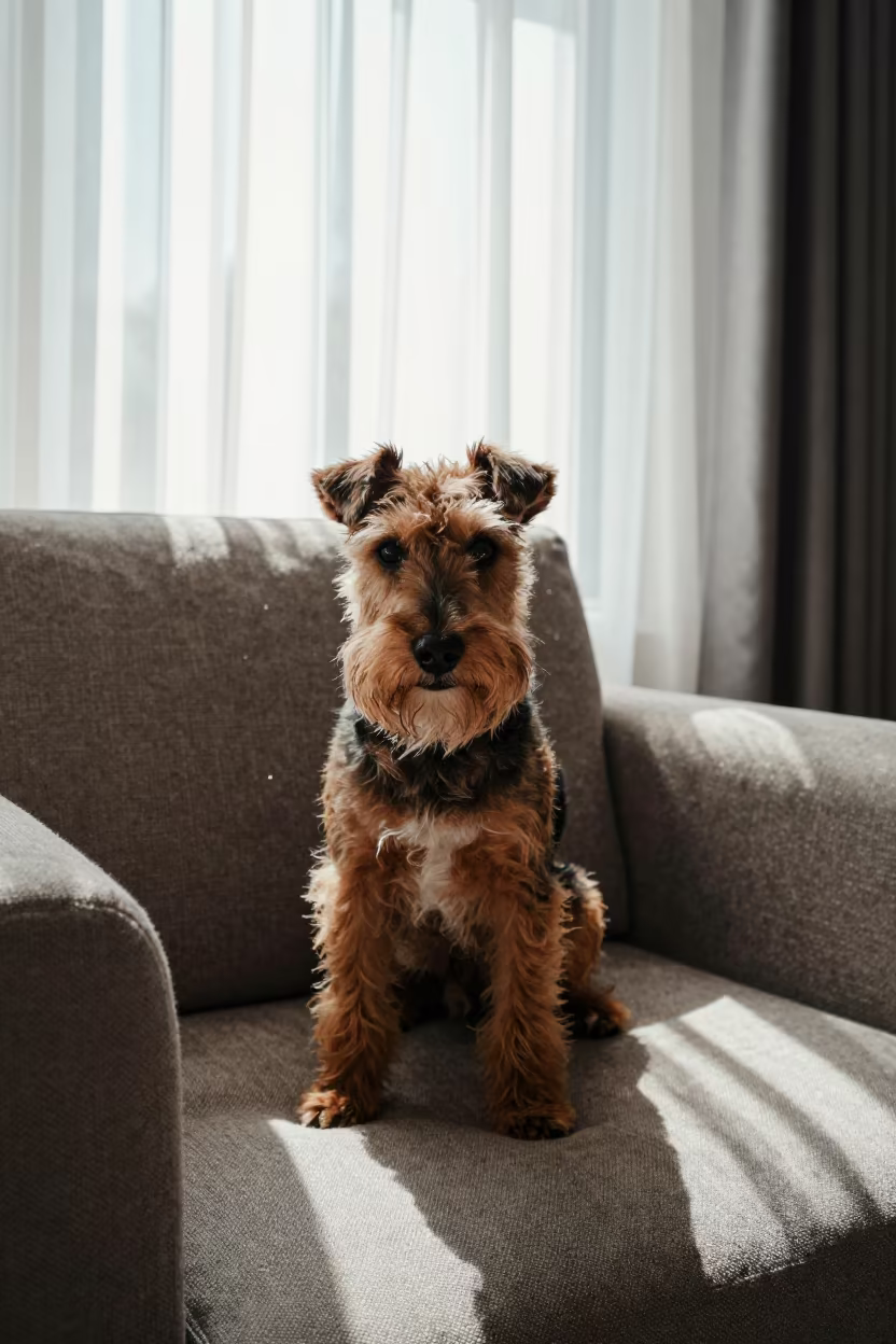 Manchester Terrier Portrait on Sofa Near Window in on a sofa near a curtained window with calm indoor light in Haikou