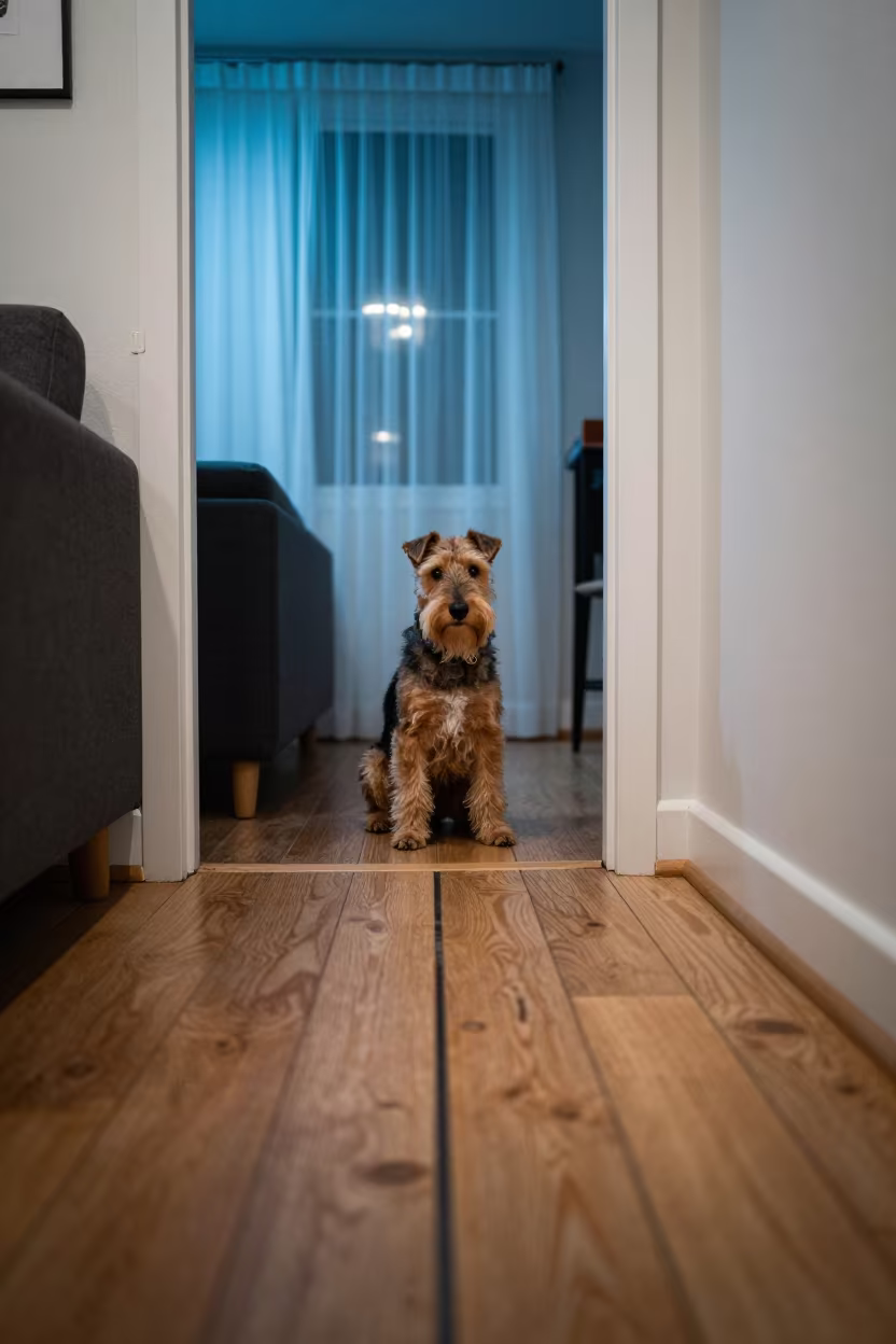 Manchester Terrier Portrait on Sofa Threshold in on a sofa near a curtained window with calm indoor light in Sheikh Othman
