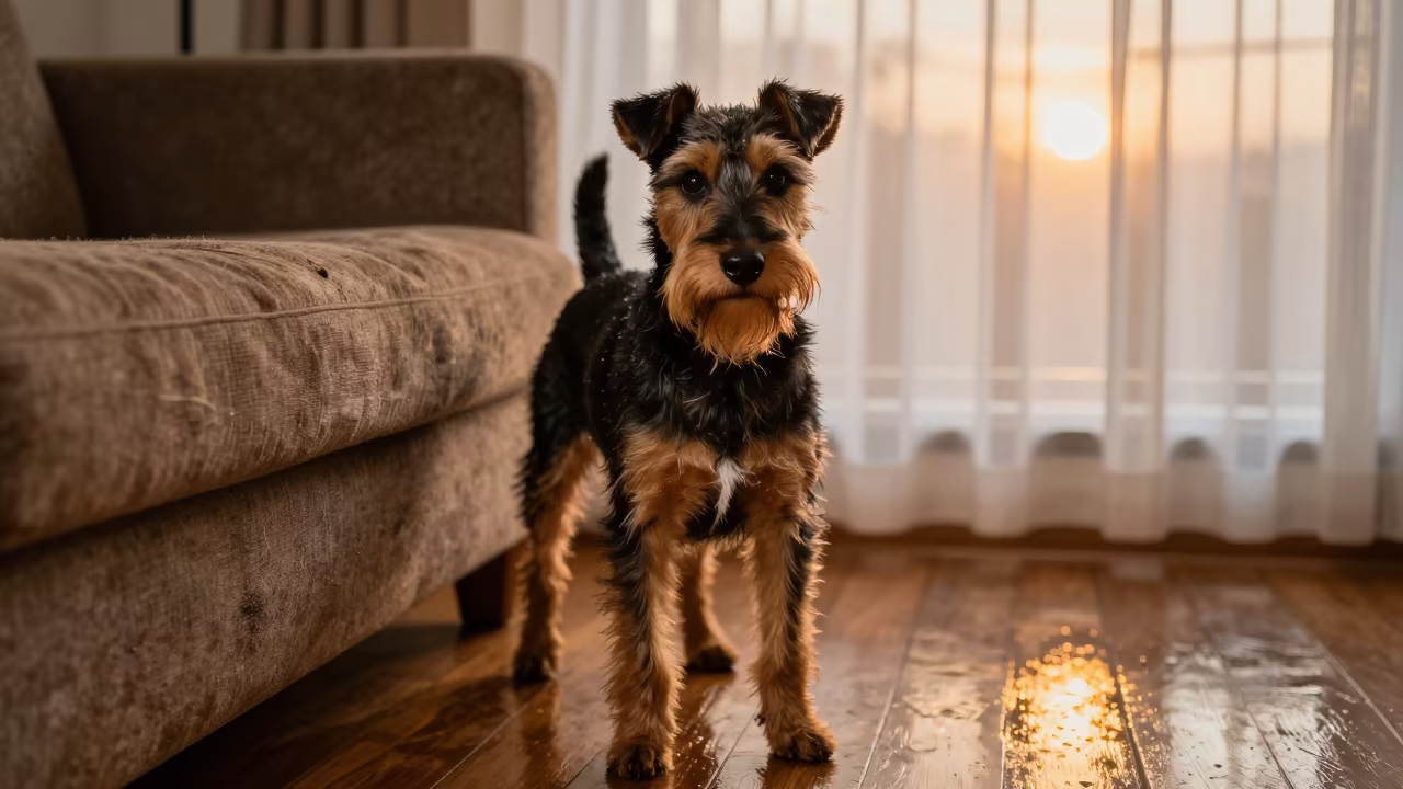 Manchester Terrier Portrait on Sofa in on a sofa near a curtained window with calm indoor light in Singida
