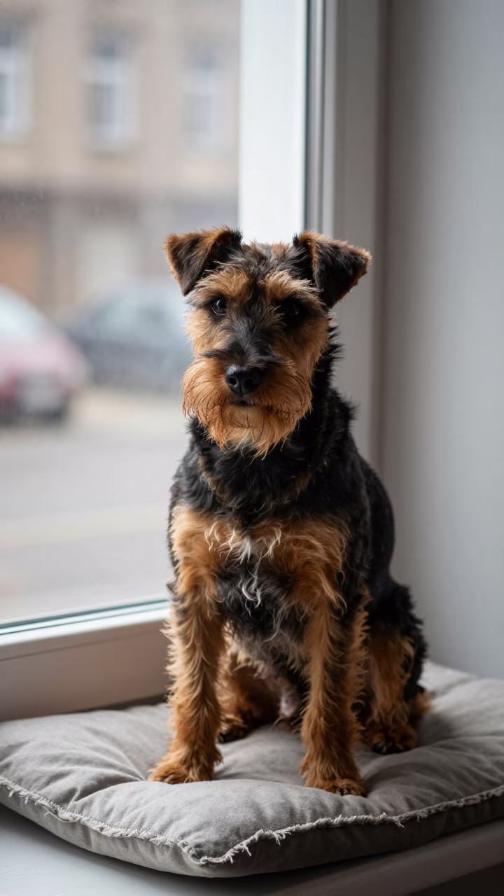 Manchester Terrier Portrait on Tolyatti Window Seat in on a cushioned window seat with soft side light and an uncluttered background in Tolyatti