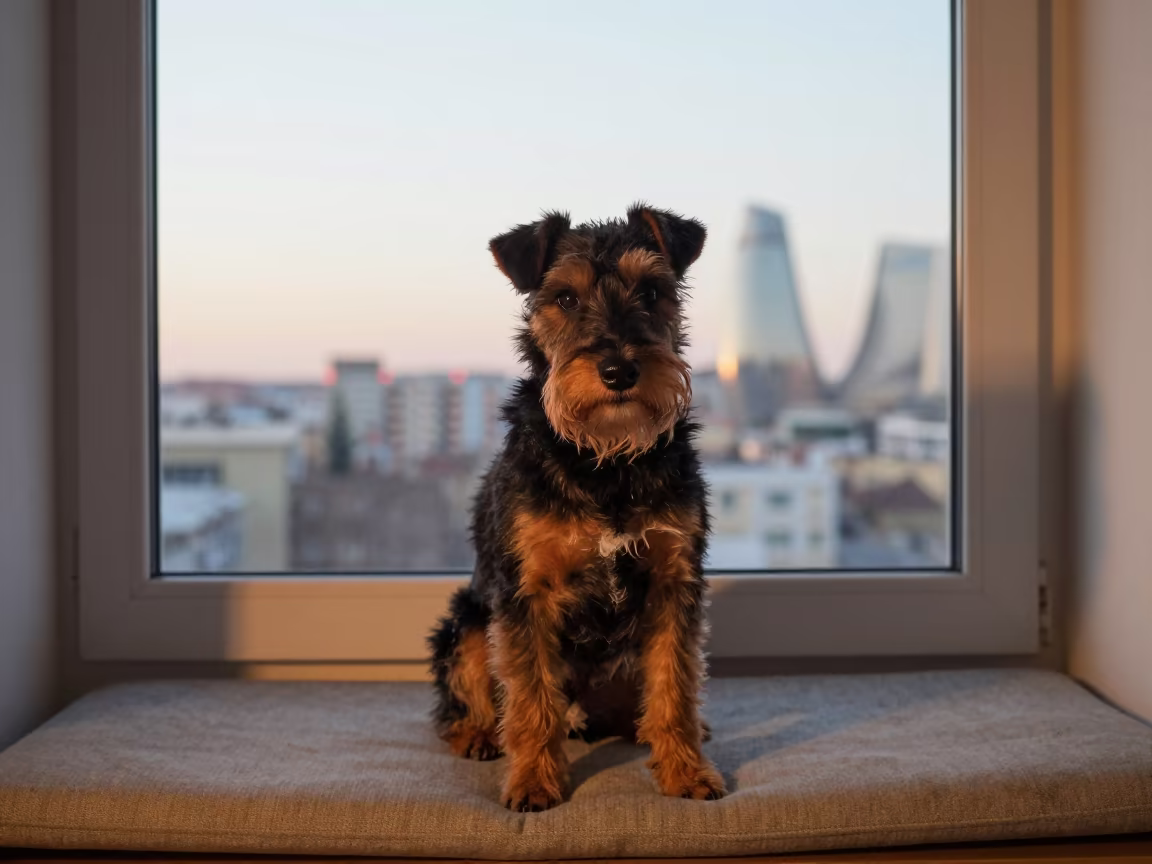 Manchester Terrier Portrait on Window Seat Baku in on a cushioned window seat with soft side light and an uncluttered background in Baku