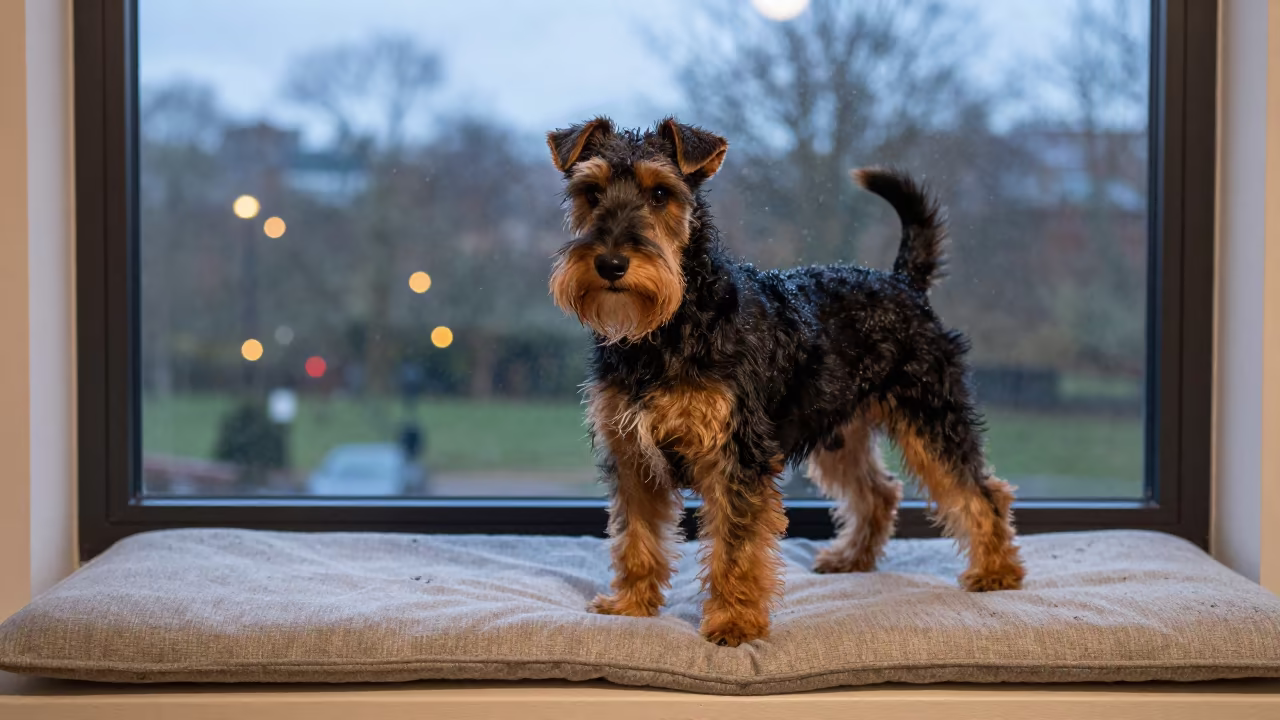 Manchester Terrier Portrait on Window Seat Bhilai in on a cushioned window seat with soft side light and an uncluttered background near Bhilai