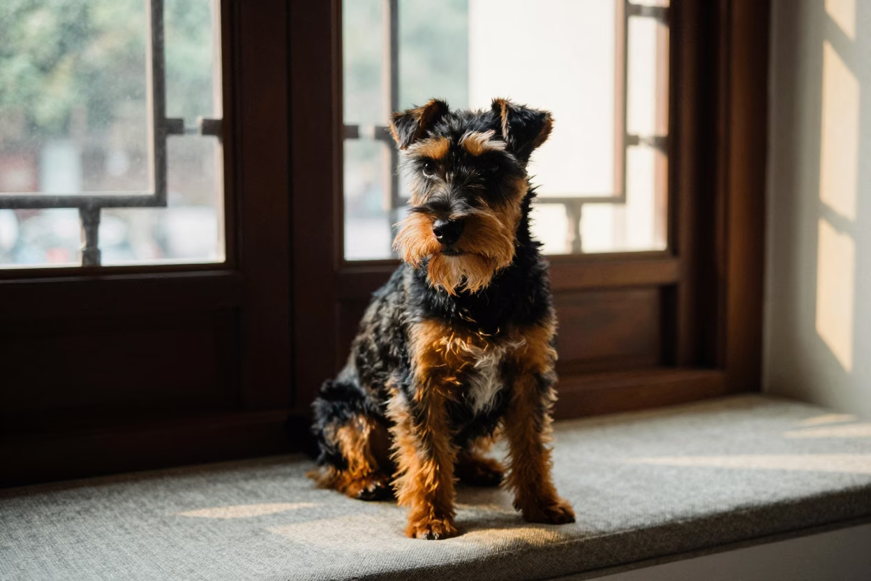 Manchester Terrier Portrait on Window Seat Guangzhou in on a cushioned window seat with soft side light and an uncluttered background in Guangzhou
