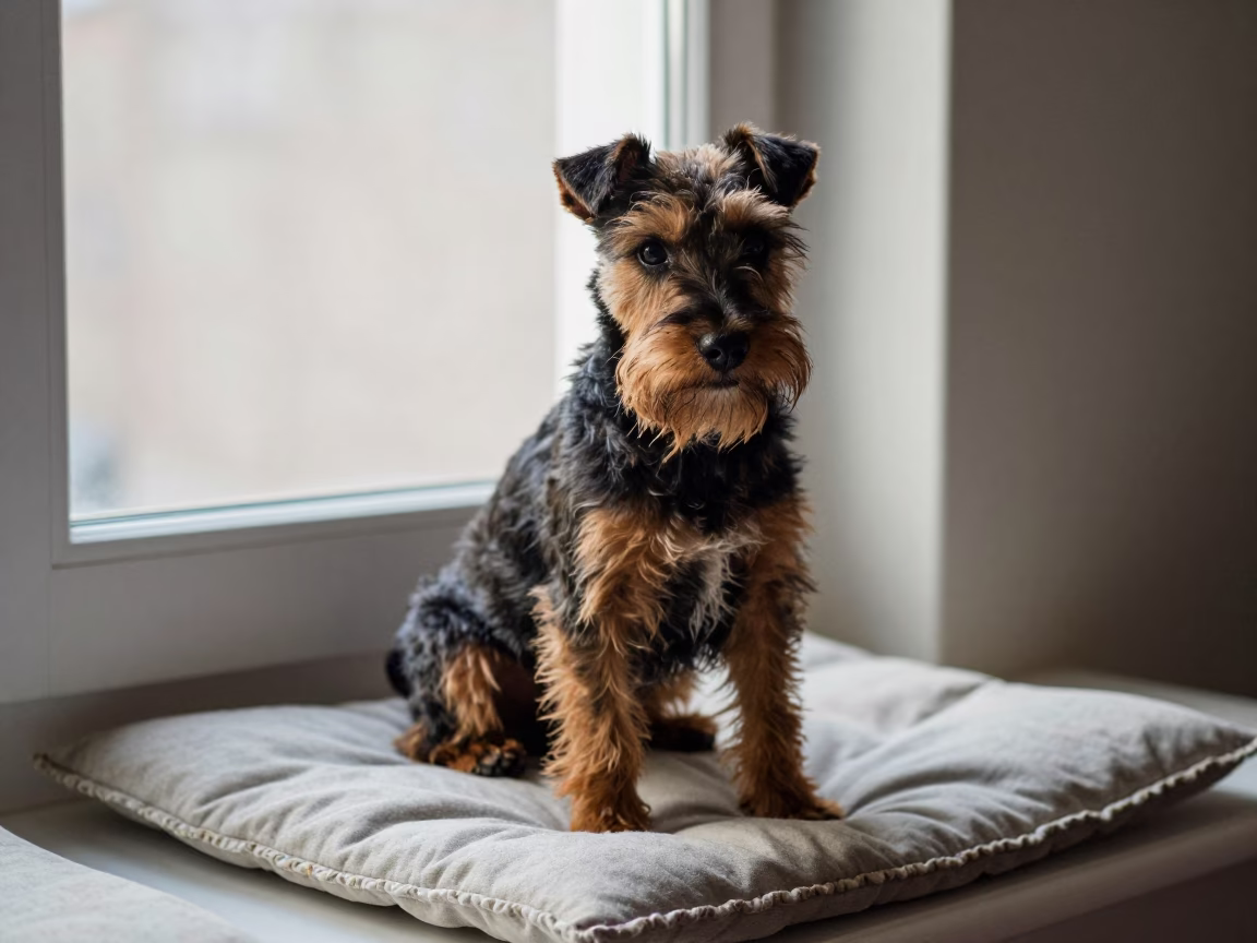 Manchester Terrier Portrait on Window Seat in Basra in on a cushioned window seat with soft side light and an uncluttered background in Basra