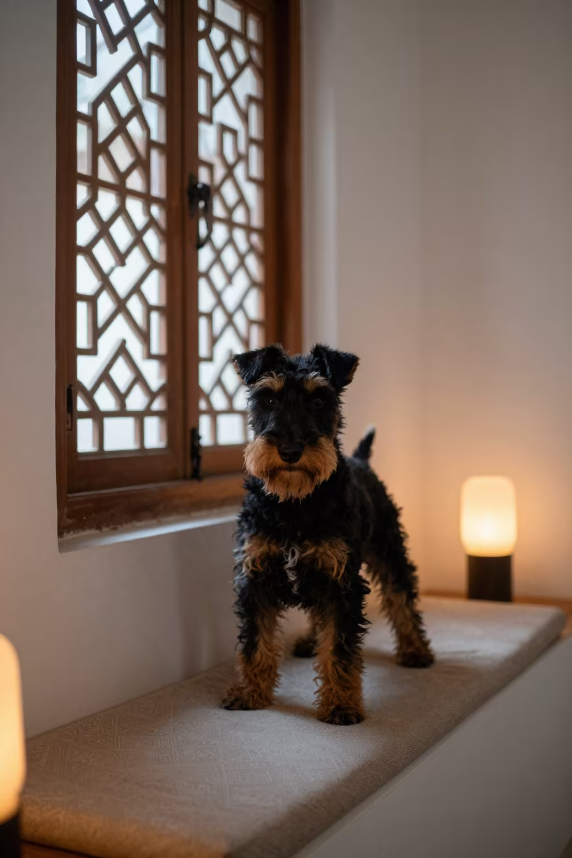 Manchester Terrier Portrait on Window Seat in Kabul in on a cushioned window seat with soft side light and an uncluttered background in Kabul