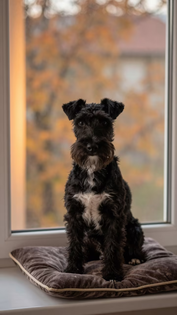Manchester Terrier Portrait on Window Seat in Samsun in on a cushioned window seat with soft side light and an uncluttered background near Samsun
