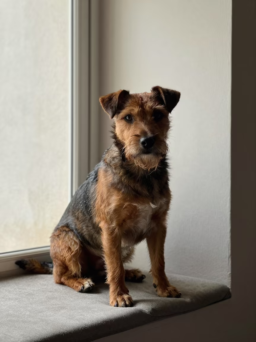 Manchester Terrier Portrait on Window Seat in Surat in on a cushioned window seat with soft side light and an uncluttered background in Surat