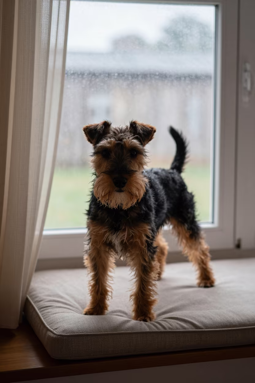 Manchester Terrier Portrait on Window Seat in Yaounde in on a cushioned window seat with soft side light and an uncluttered background in Yaounde