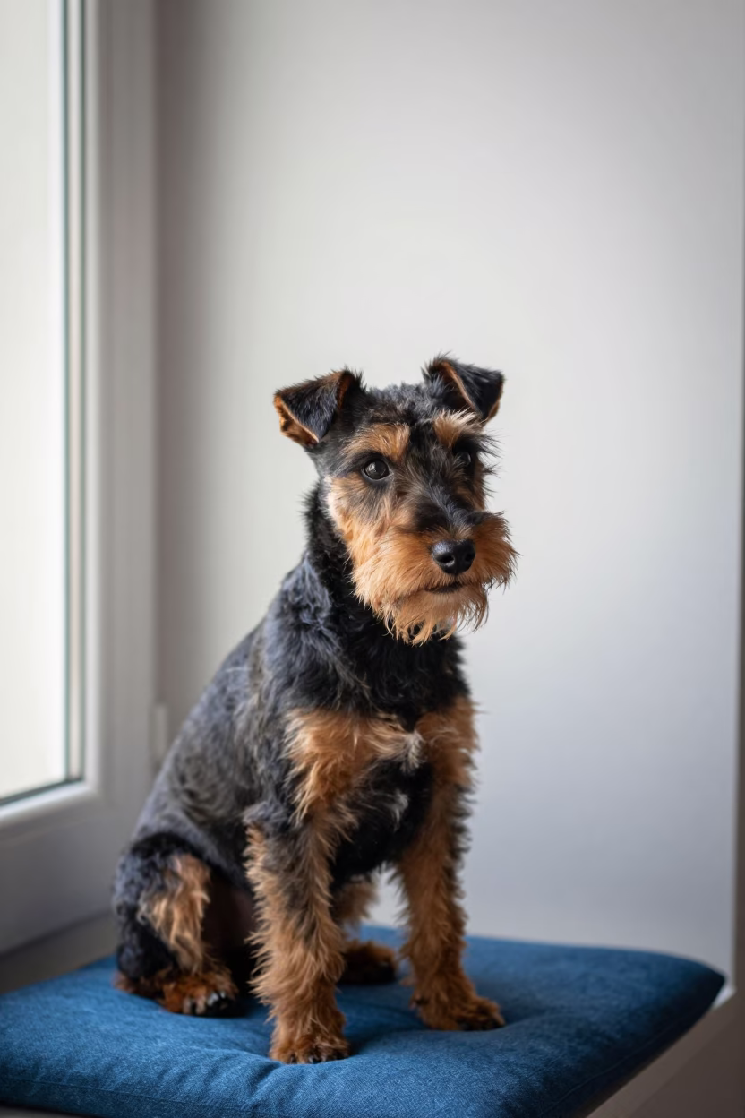 Manchester Terrier Portrait on Window Seat Nagpur in on a cushioned window seat with soft side light and an uncluttered background near Nagpur