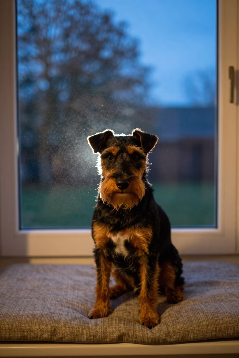 Manchester Terrier Portrait on Window Seat in on a cushioned window seat with soft side light and an uncluttered background near Natal