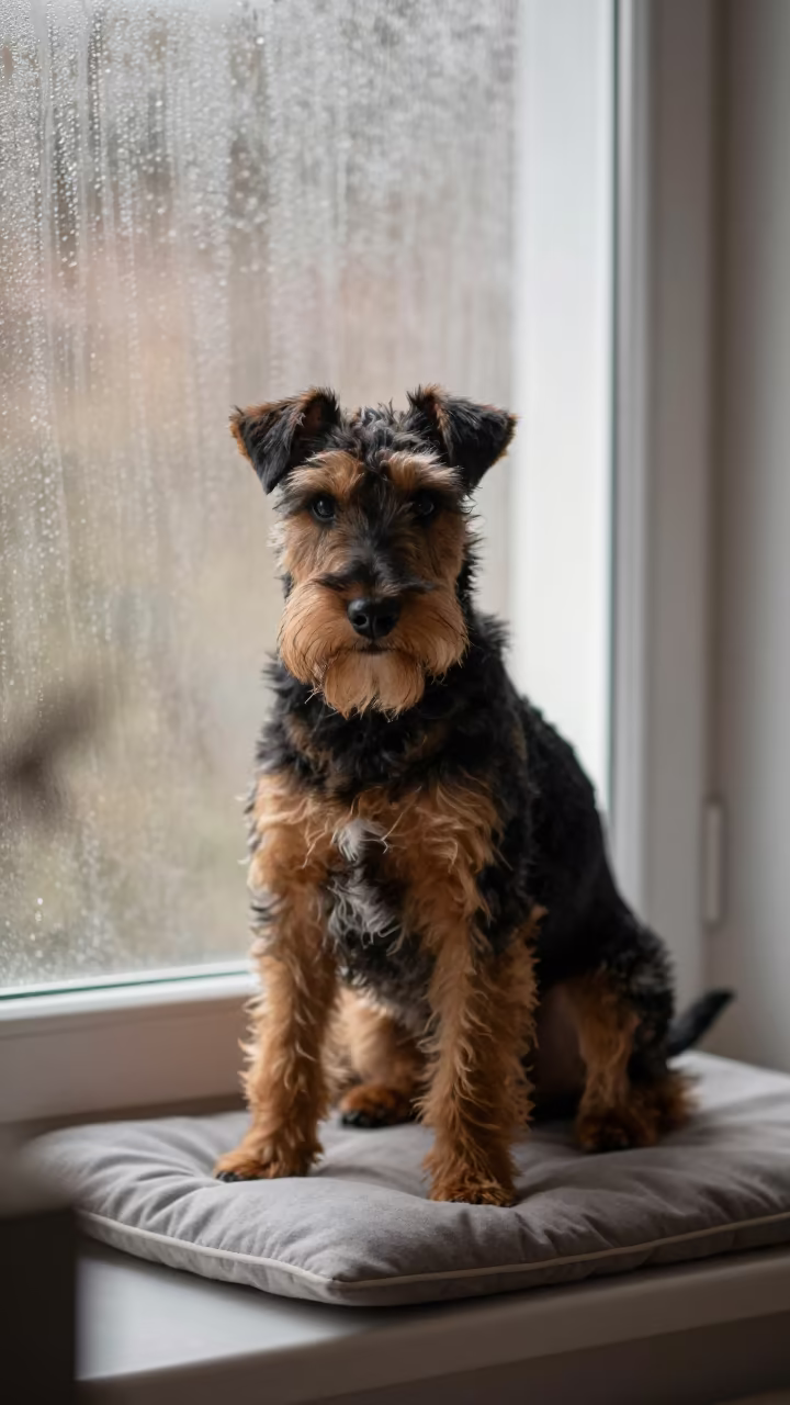 Manchester Terrier Portrait on Winter Window Seat in on a cushioned window seat with soft side light and an uncluttered background near Lyon