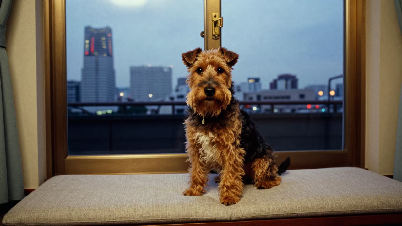Manchester Terrier Portrait on Yokohama Window Seat in on a cushioned window seat with soft side light and an uncluttered background near Yokohama