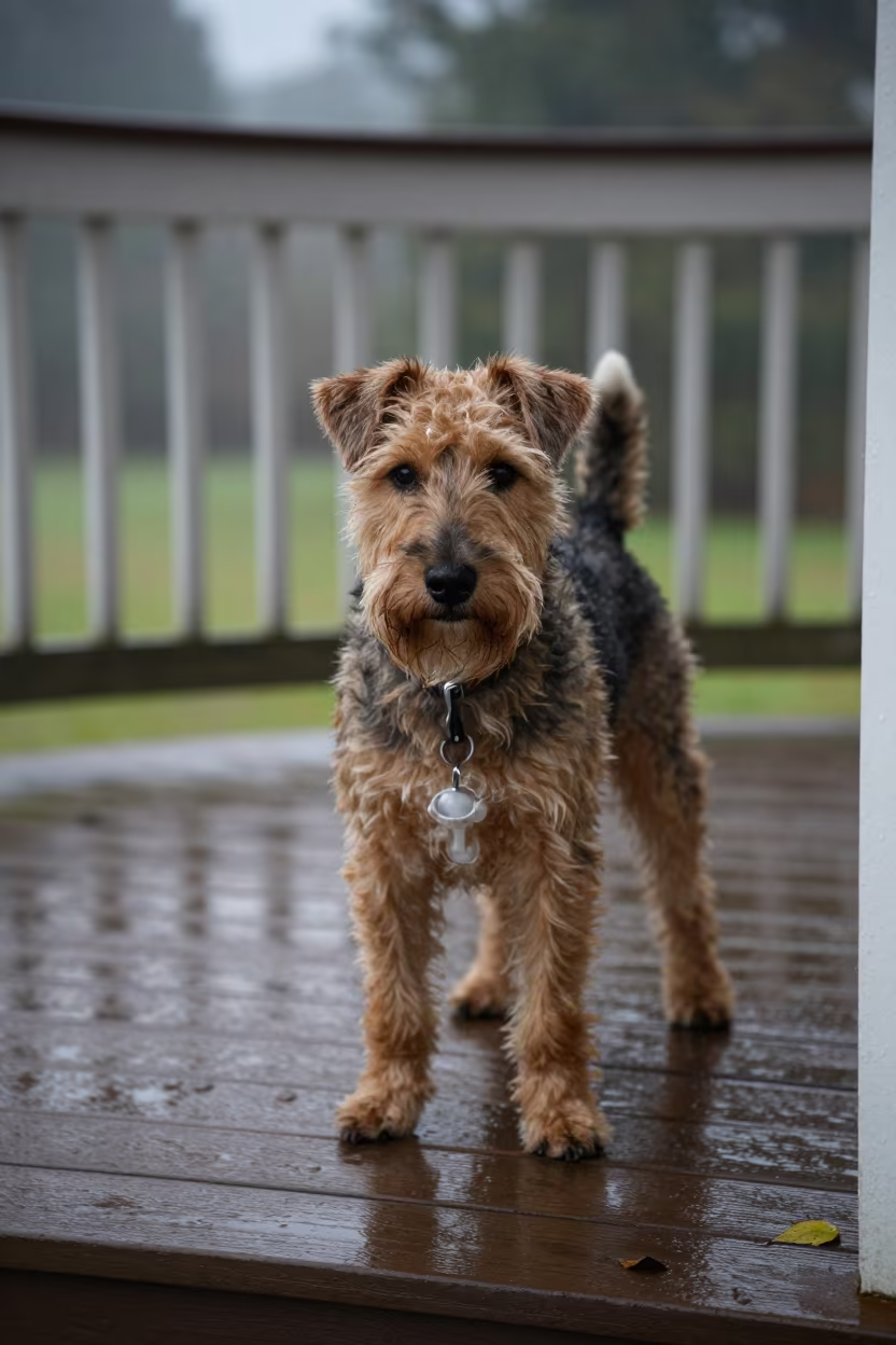 Manchester Terrier Portrait on Zanzibar Porch in on a shaded front porch with boards, railings, and eye-level framing in Zanzibar