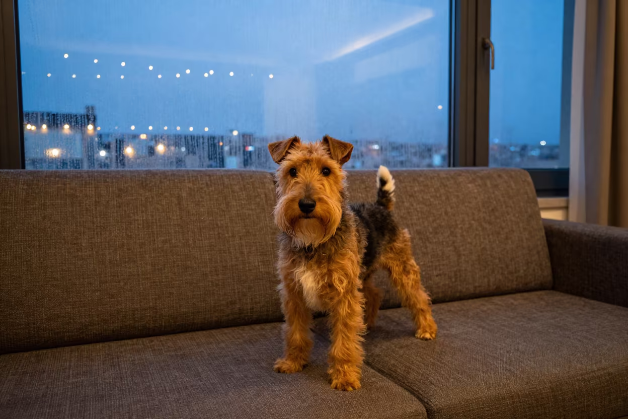 Manchester Terrier Portrait Sofa Window Light in on a sofa near a curtained window with calm indoor light in Sanaa