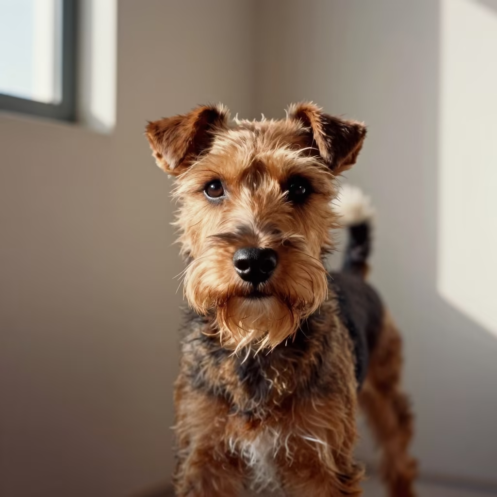 Manchester Terrier Portrait Soft Indoor Light Abu Dhabi in beside a plain plaster wall in soft indoor light with the animal centered in frame in Abu Dhabi