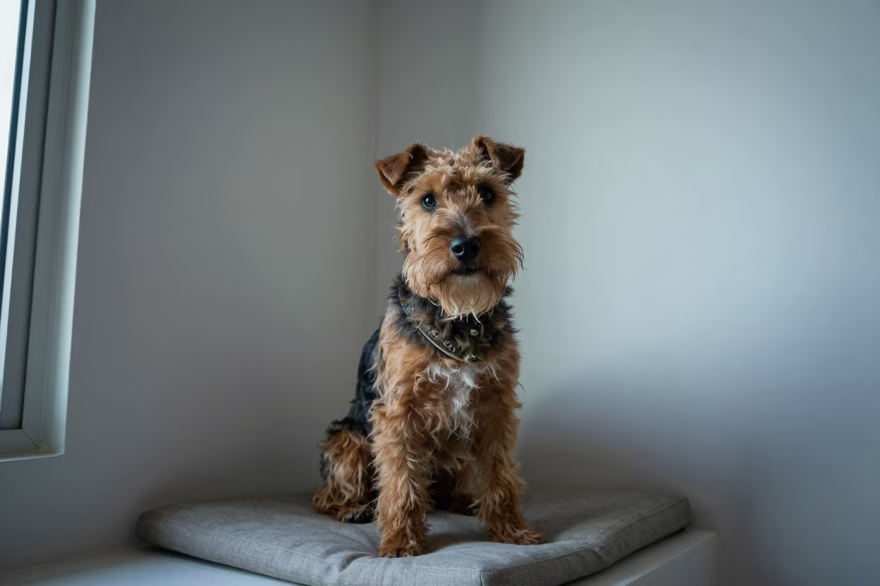 Manchester Terrier Portrait Window Light Da Nang in on a cushioned window seat with soft side light and an uncluttered background in Da Nang