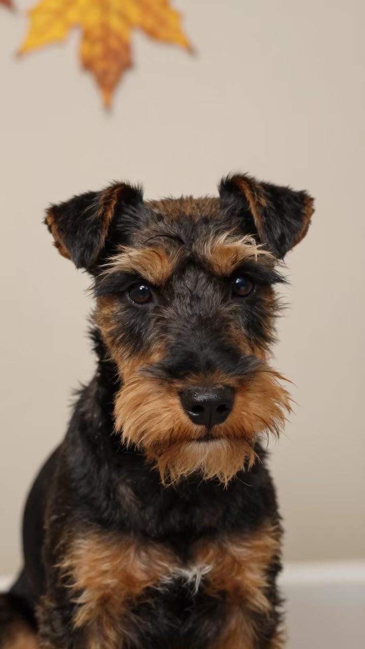 Manchester Terrier Portrait with Textured Coat in beside a plain plaster wall in soft indoor light with the animal centered in frame near Dalian