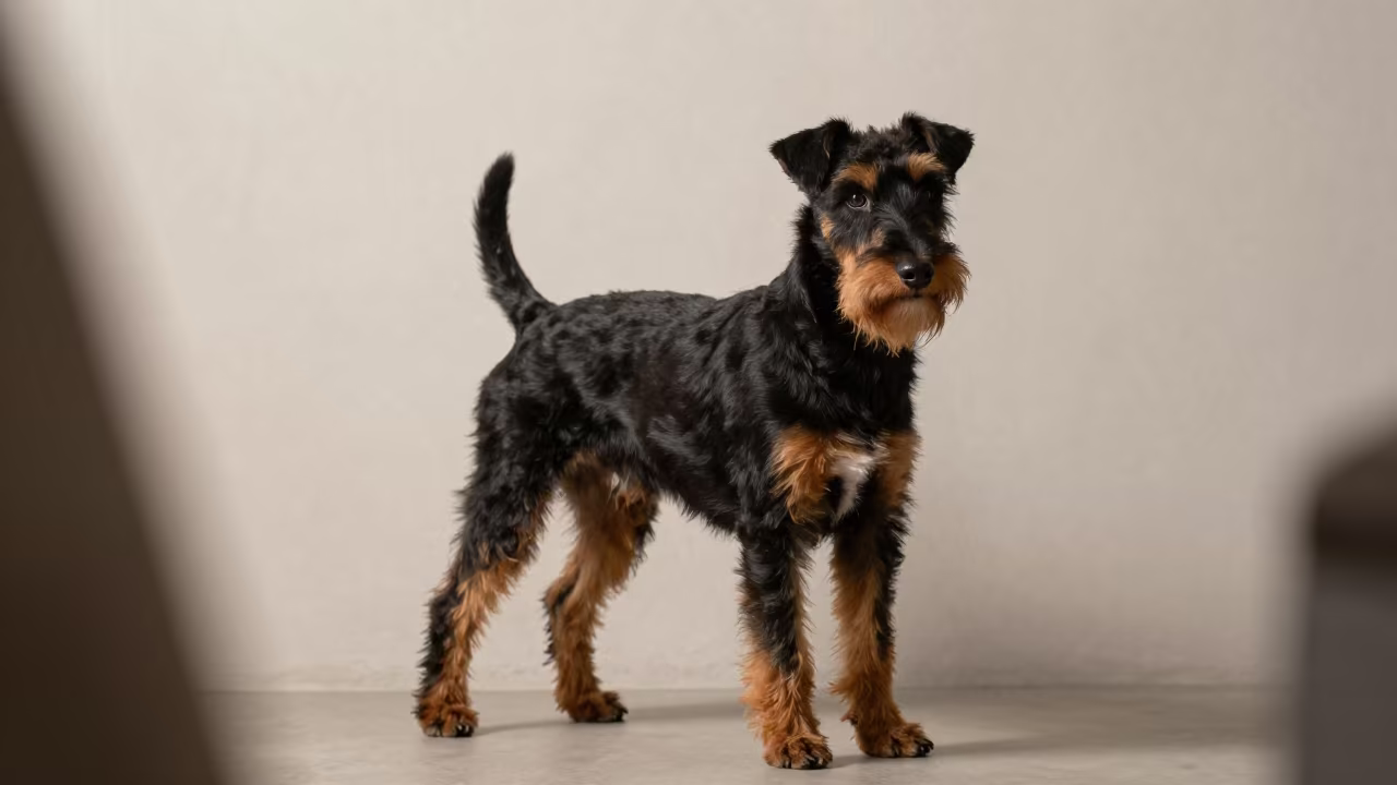 Manchester Terrier Portrait With Weathered Dignity in beside a plain plaster wall in soft indoor light with the animal centered in frame in Visakhapatnam