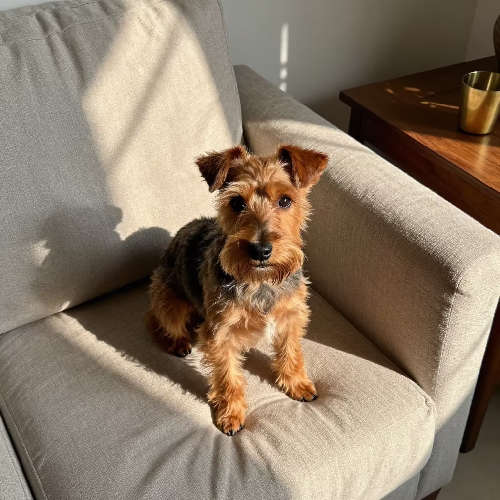 Manchester Terrier Resting on Linen Sofa in Lucknow in on a linen sofa with daylight from a nearby window in Lucknow