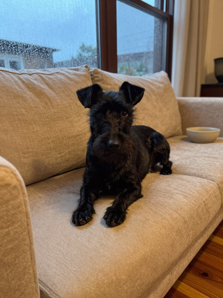 Manchester Terrier Resting on Linen Sofa in on a linen sofa with daylight from a nearby window near Benin City