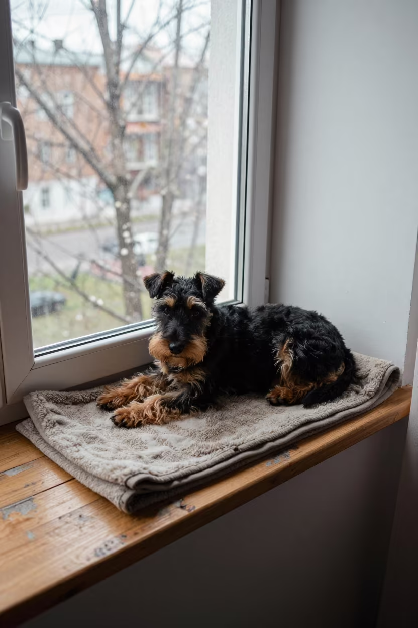 Manchester Terrier Resting on Window Seat in Kazan in on a window seat in a quiet apartment with soft side light in Kazan