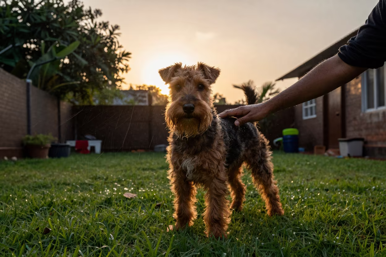 Manchester Terrier Silhouette in Worli Monsoon Yard in in a small yard with clipped grass, calm light, and the animal centered in frame in Worli, Mumbai