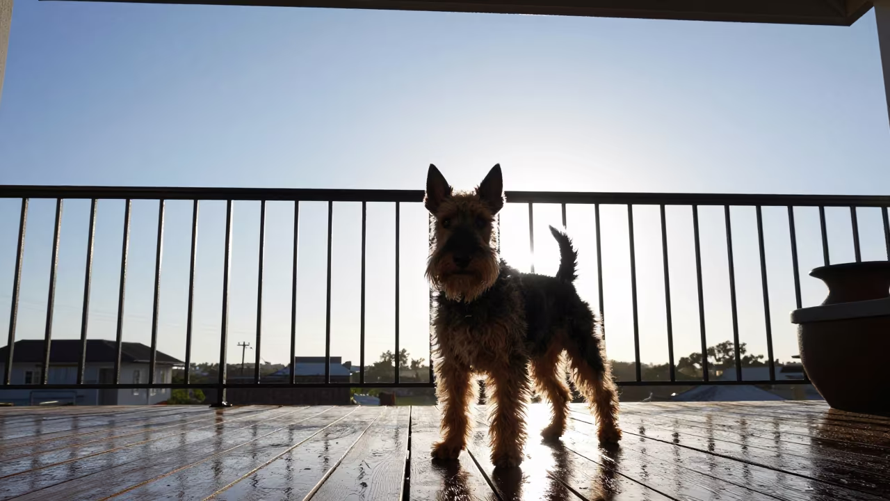 Manchester Terrier Silhouette on Port Harcourt Porch in on a shaded front porch with boards, railings, and eye-level framing in Port Harcourt