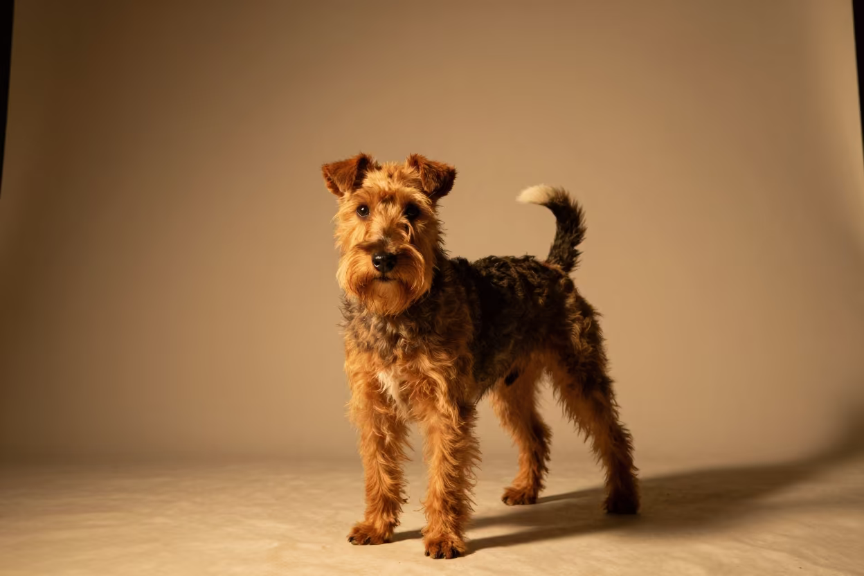 Manchester Terrier Studio Portrait Bafoussam in in a quiet portrait studio with a plain backdrop and eye-level framing in Bafoussam