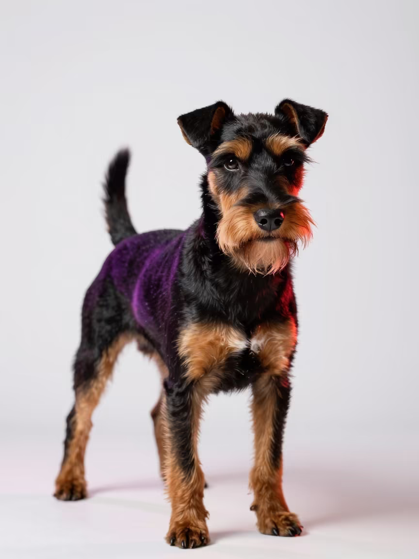Manchester Terrier Studio Portrait with Neon Glow in in a quiet portrait studio with a plain backdrop and eye-level framing in Guiyang