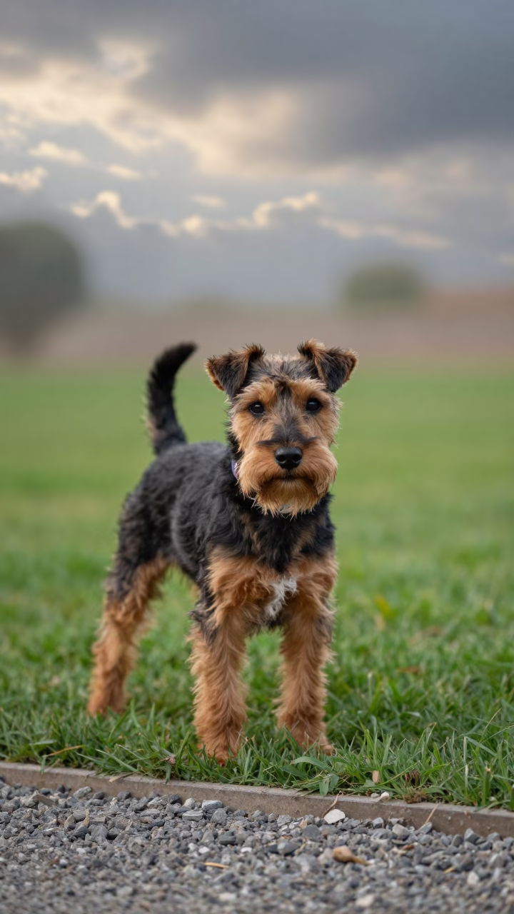 Manchurian Terrier Portrait in Early Spring Light in in a small yard with clipped grass, calm light, and the animal centered in frame near Meerut