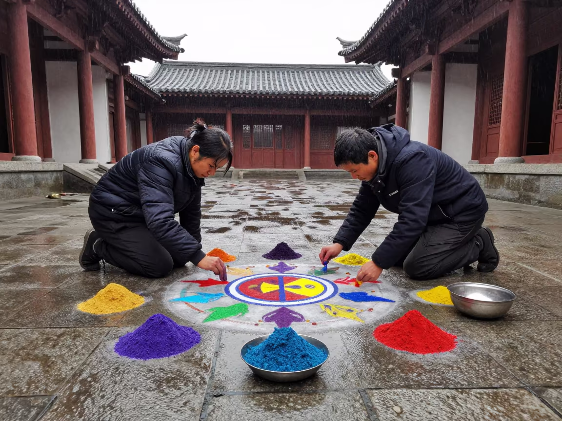 Mandala Artists Create Sand Art in Winter Drizzle in in a temple courtyard near Tolyatti
