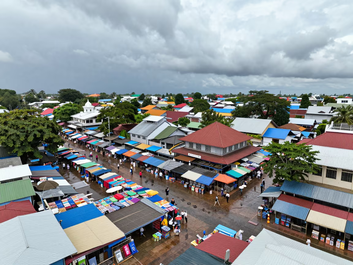 Mandalay Market Square Aerial Monsoon View in high above irrigation geometry near Mandalay