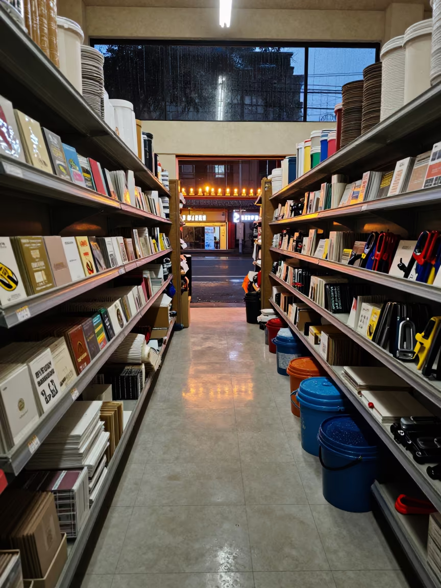 Mandalay Store Prep Wet Season Lights in inside a storefront prepared for opening in Mandalay