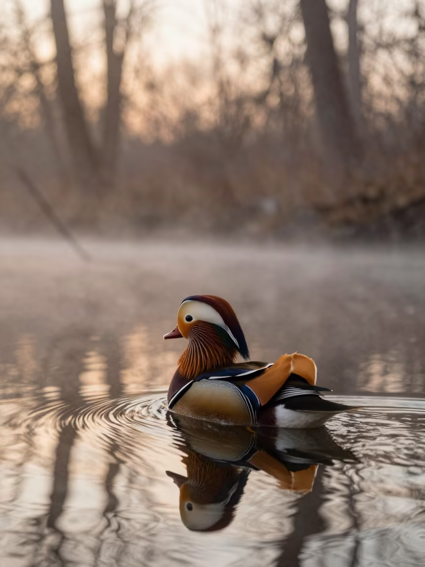 Mandarin Duck at Sunset Over Glacial Stream in above a glacial stream in Iowa